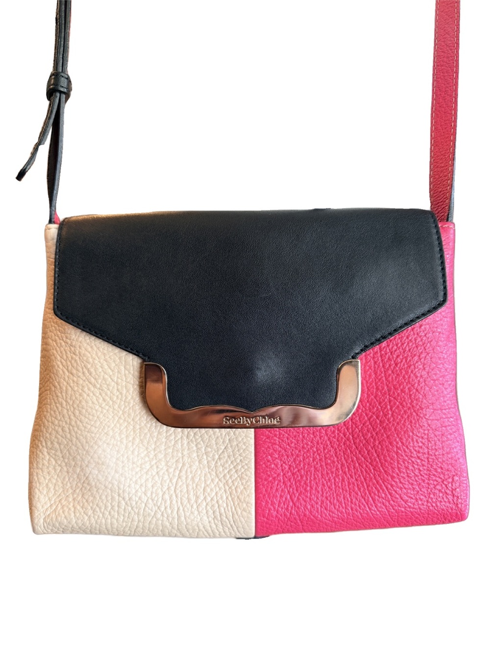 See By Chloe Black, Cream & Pink Colorblock Flap Leather Crossbody